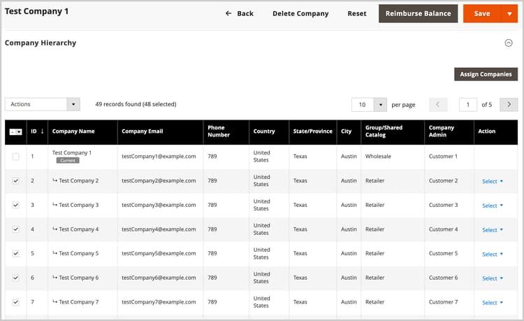 Selecionar empresas na hierarquia da empresa