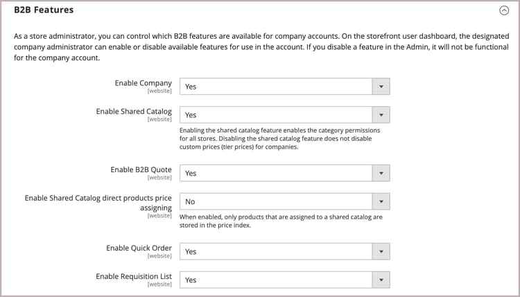 Configuração B2B - recursos da empresa