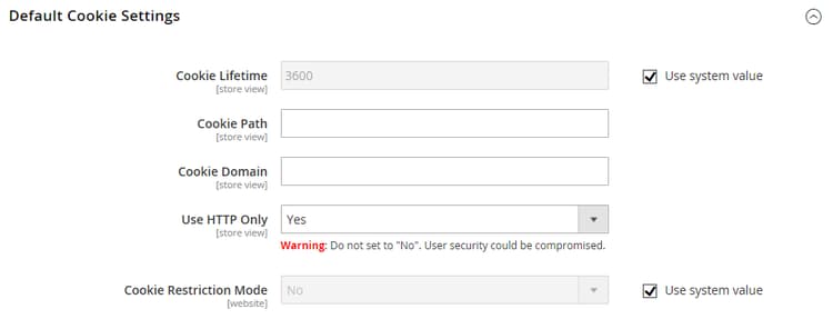 Web > Configurações de cookie padrão