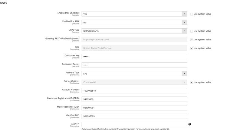 Configurações de Conta USPS