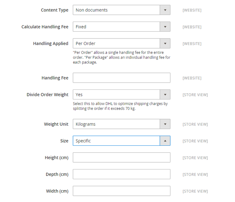 Configurações do Pacote DHL