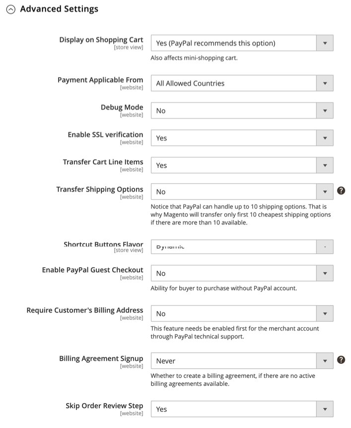 Configurações avançadas