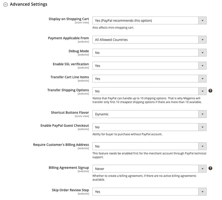 Configurações avançadas