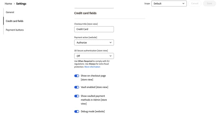 Configurações de campo de cartão de crédito