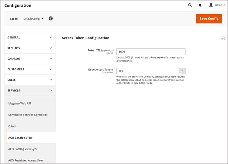 Administrador do Adobe Commerce mostrando as configurações de token de acesso da Exibição de Catálogo do ACO, com uma emissão de token e TTL de 3.600 segundos habilitada.