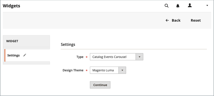 Configurações de widget para um carrossel de eventos