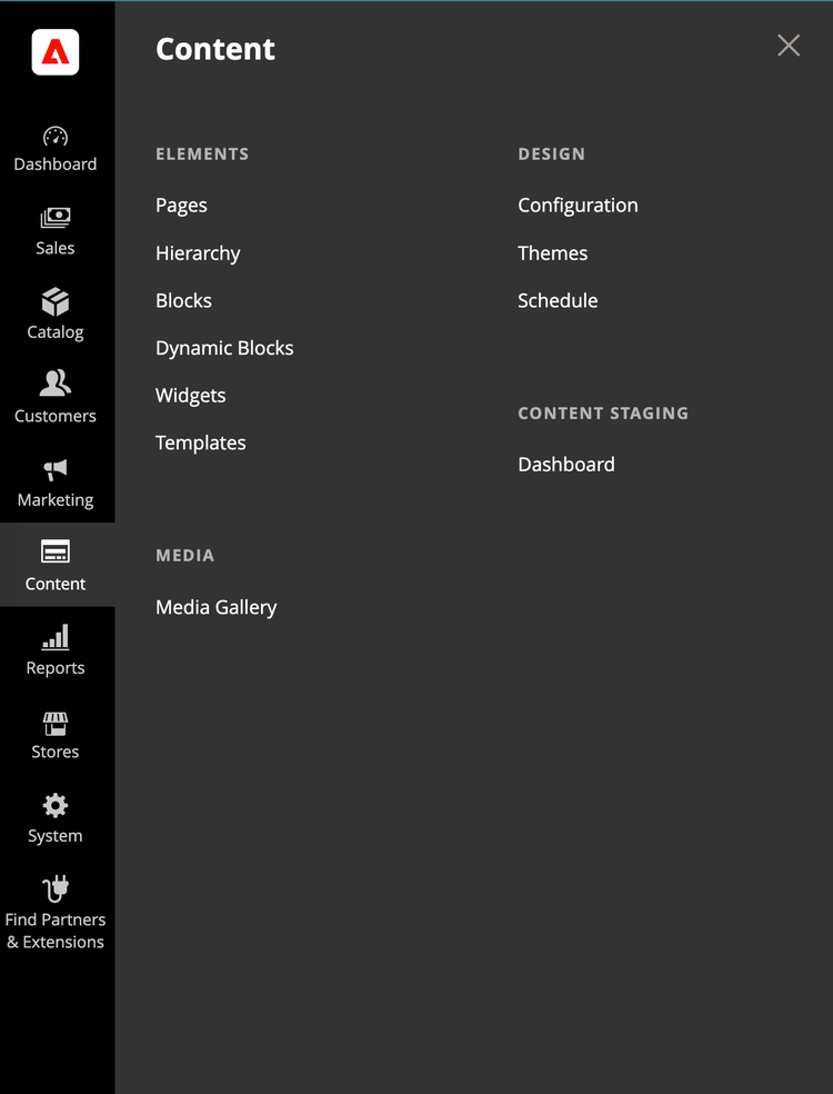 A variável Content menu exibido no painel Admin