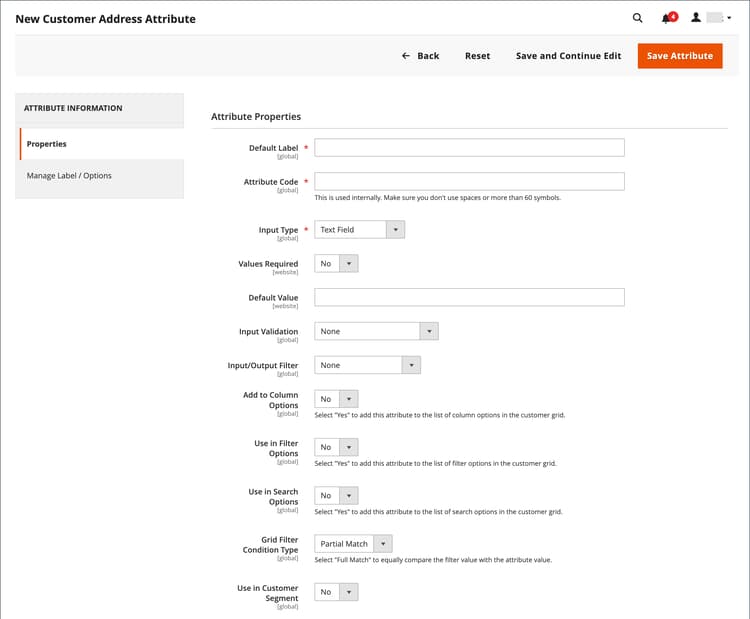 Propriedades do atributo do cliente