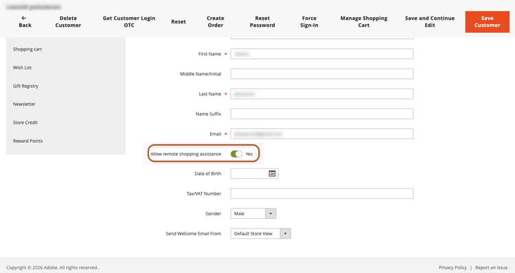 Configuração de atributo de extensão de consentimento do cliente na página Editar Cliente