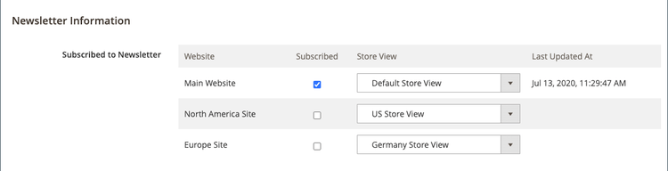 Caixas de seleção de subscrição de boletim informativo de cliente de vários sites e seletores de visualização de loja