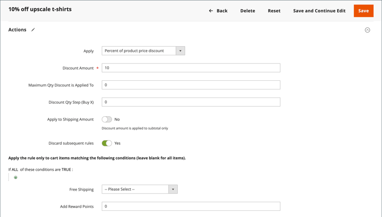 Ações de regra de preço do carrinho