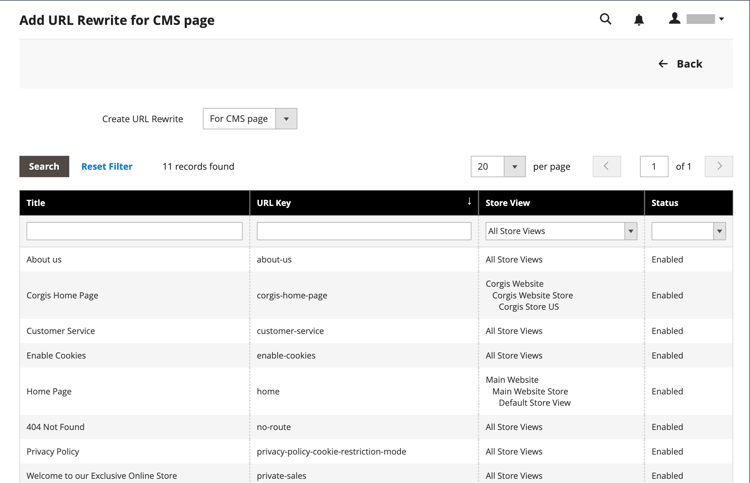 substituições de URL - página CMS