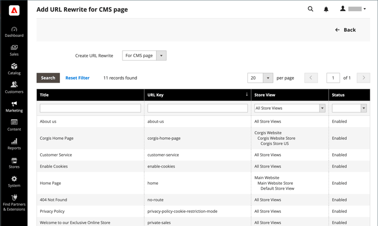 substituições de URL - página CMS