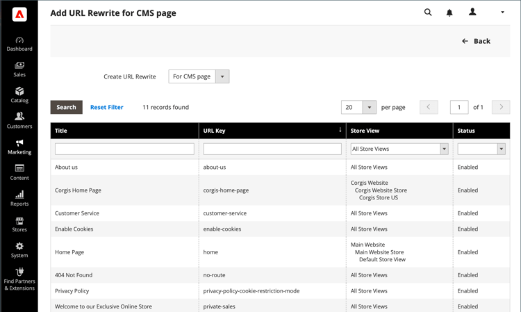 Adicionar regravação de URL - para página do CMS