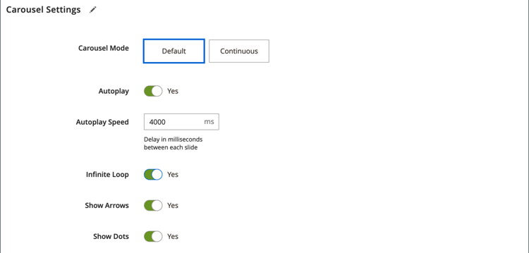 Configurações do carrossel