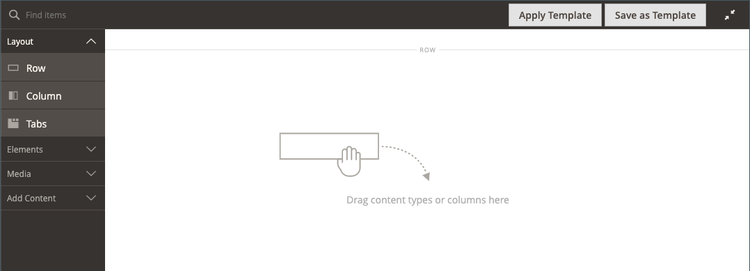 Page Builder painel com tipos de conteúdo de layout e estágio