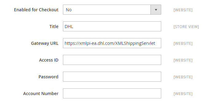 Configurações de conta da DHL