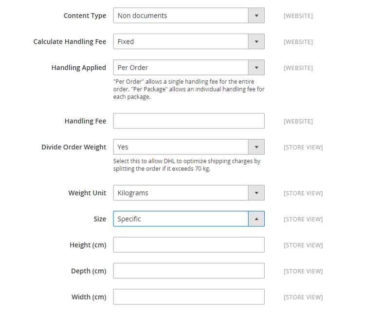 Configurações do Pacote DHL