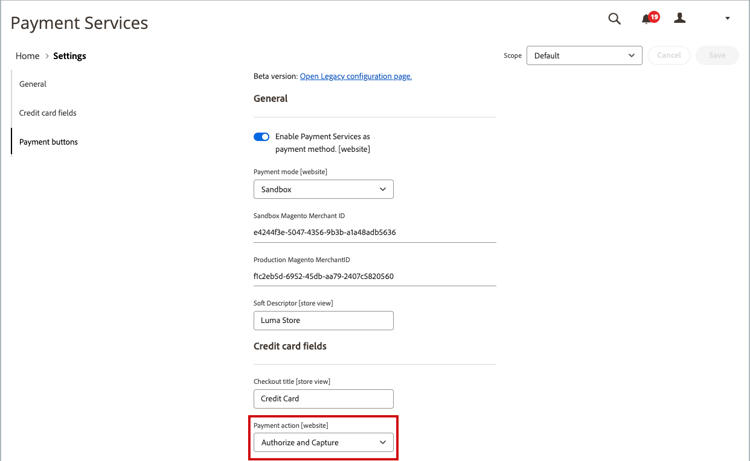 Configuração de ação de pagamento