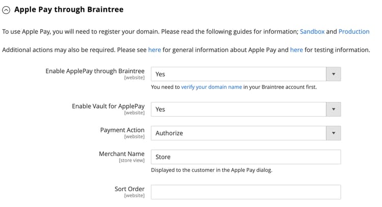 Configurações de ApplePay through Braintree