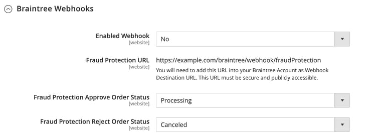 Configurações de Webhooks do Braintree