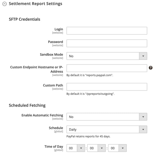 Configurações do Relatório de Liquidação do PayPal