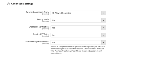Configurações Avançadas do PayPal Payments Pro
