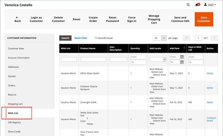 Administrador do Commerce - lista de desejos do cliente