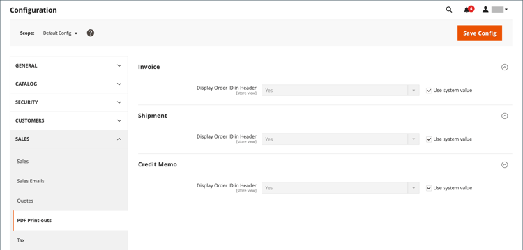 Configuração de vendas - impressões de PDF