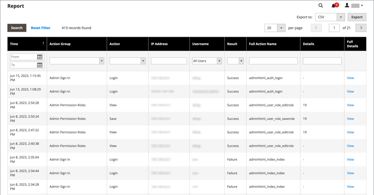 Logs de ação