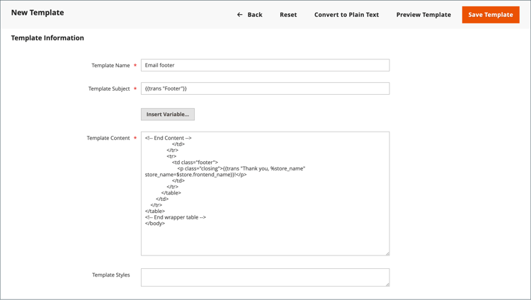 Rodapé do modelo de email - informações