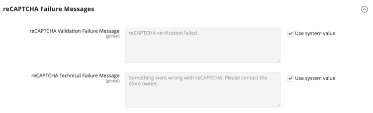 Mensagens de falha do reCAPTCHA