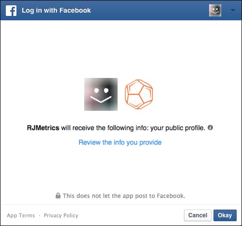 Caixa de diálogo de permissão de acesso do Facebook para o Commerce Intelligence