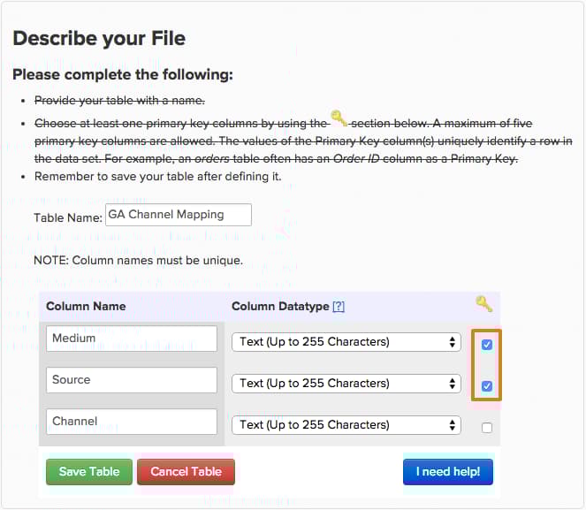 Interface do Data Warehouse Manager mostrando configurações de chave primária