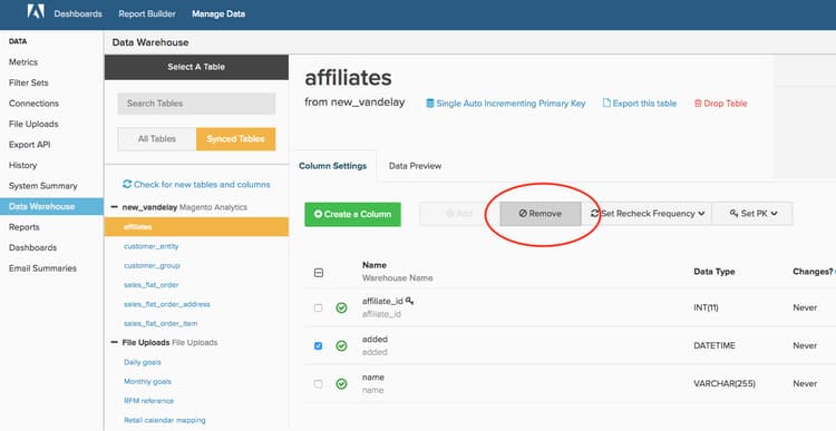 Opção de descartar coluna no Data Warehouse Manager