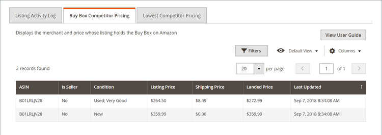 Detalhes de Preços do Concorrente do Buy Box