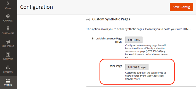 Opção Editar página de erro do WAF