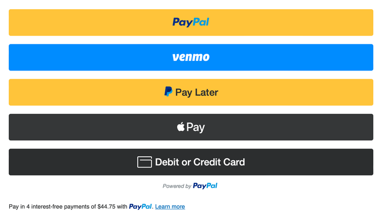 PayPal payment buttons opções