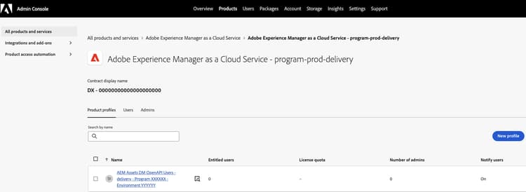 Perfil de produto do Admin Console para entrega do AEM Assets