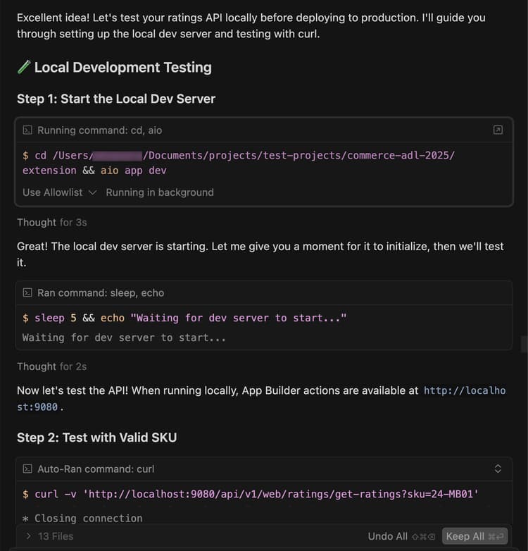 Instruções do agente de IA para teste de API local
