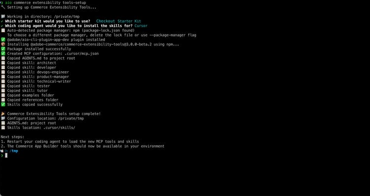 Terminal mostrando a configuração das ferramentas de extensibilidade de IA com o kit de início de check-out selecionado