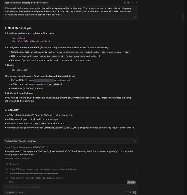 próximas etapas do agente de IA para instalar, configurar o webhook e implantar a extensão de envio