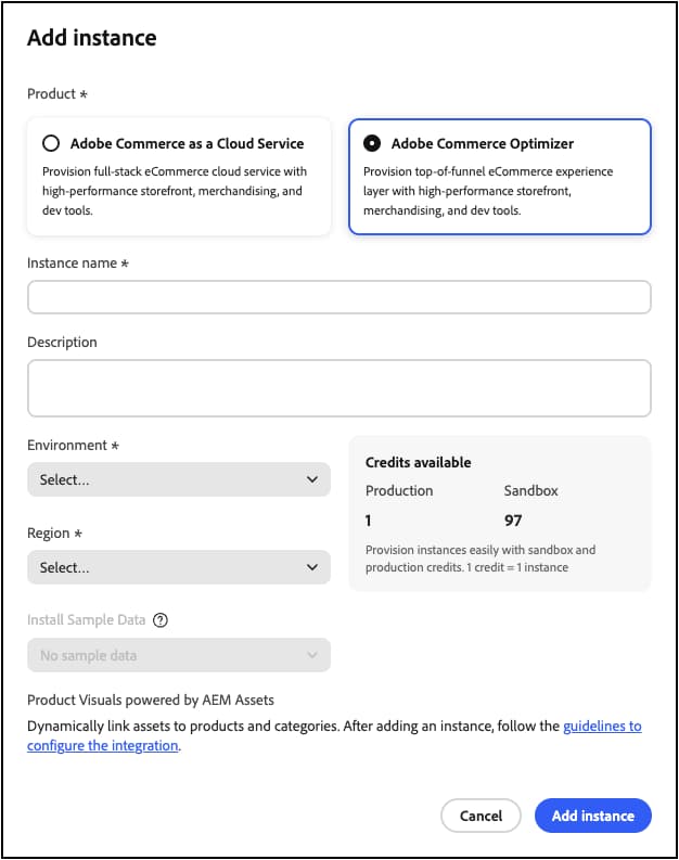 Tela Adicionar instância do Adobe Commerce Cloud Manager para criar um ambiente do Commerce Optimizer