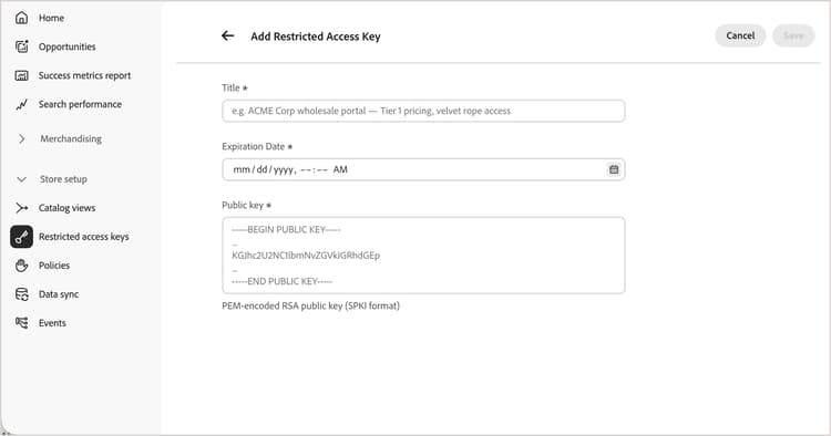 Adicionar formulário de chave de acesso restrito, com os campos Título, Data de expiração e Chave pública
