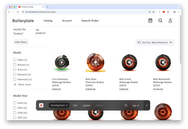 Página da Lista de Produtos Brakes