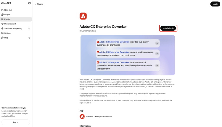 Detalhes do Adobe CX Enterprise Coworker no ChatGPT com o botão Instalar plug-in realçado.