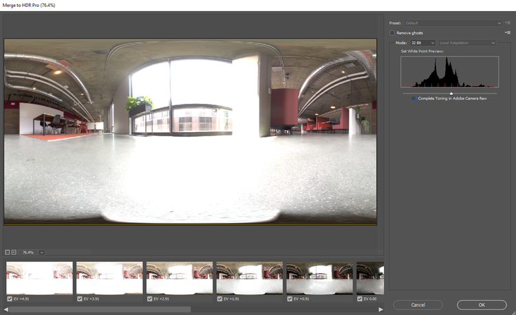 A tela de visualização Mesclar para HDR Pro no Adobe Photoshop