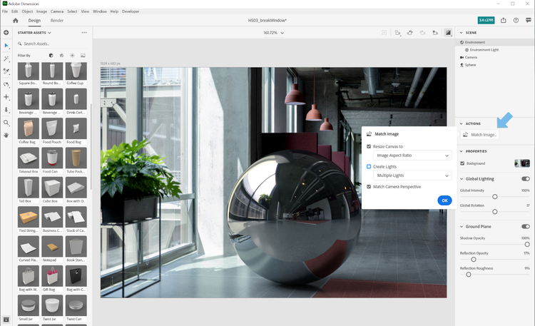 Usando o recurso Corresponder imagem no Adobe Dimension para renderizar uma imagem de esfera metálica 3D com luzes de ambiente de um panorama HDR