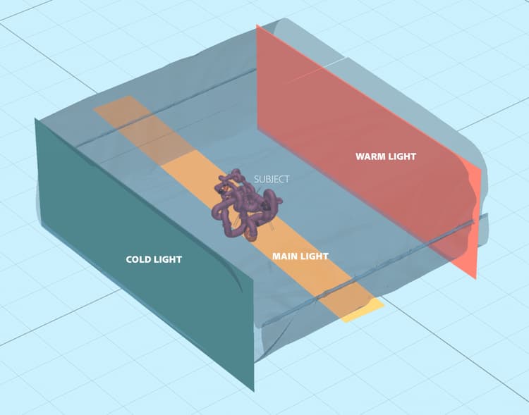 Uma ilustração que demonstra a configuração de iluminação 3D para Pipe Dreams de Vladimir Petkovic