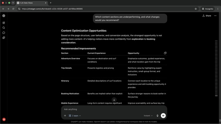 Cliente de IA identificando seções de conteúdo com baixo desempenho e recomendando alterações específicas